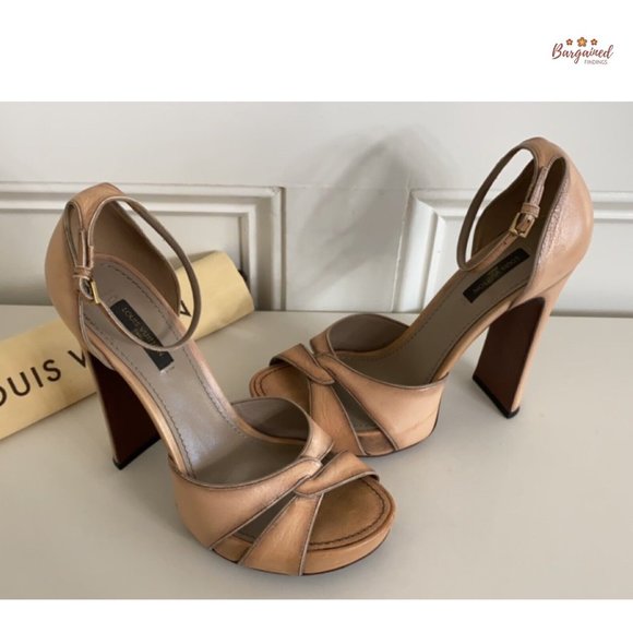 Authentic Louis Vuitton Nude Brown Distressed Leather Open Toe Platform Heel 7.5 - Picture 9 of 14